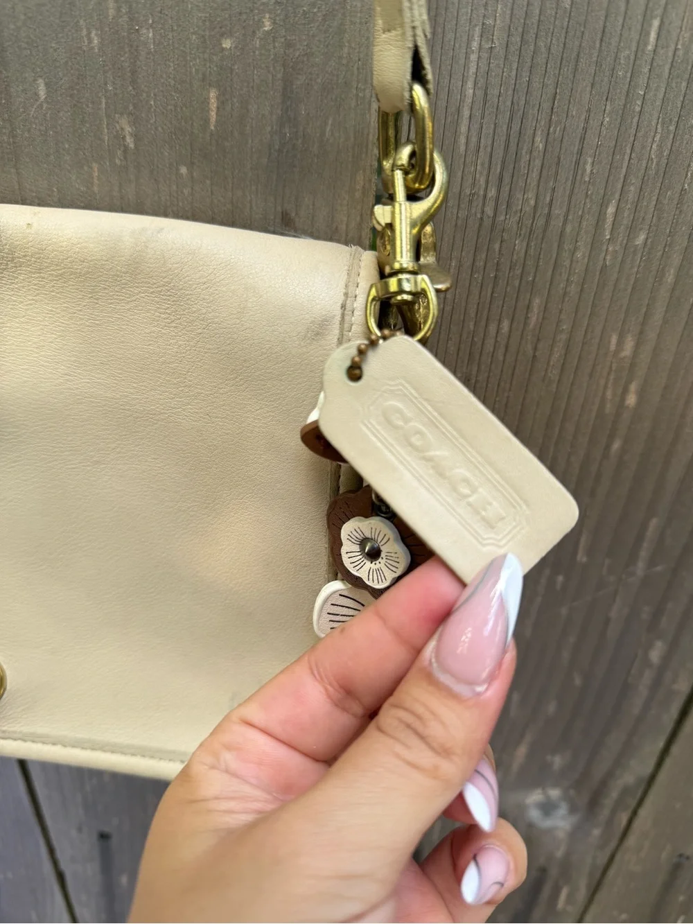 Coach Leather Crossbody Shoulder Bag in Cream with Floral Charm